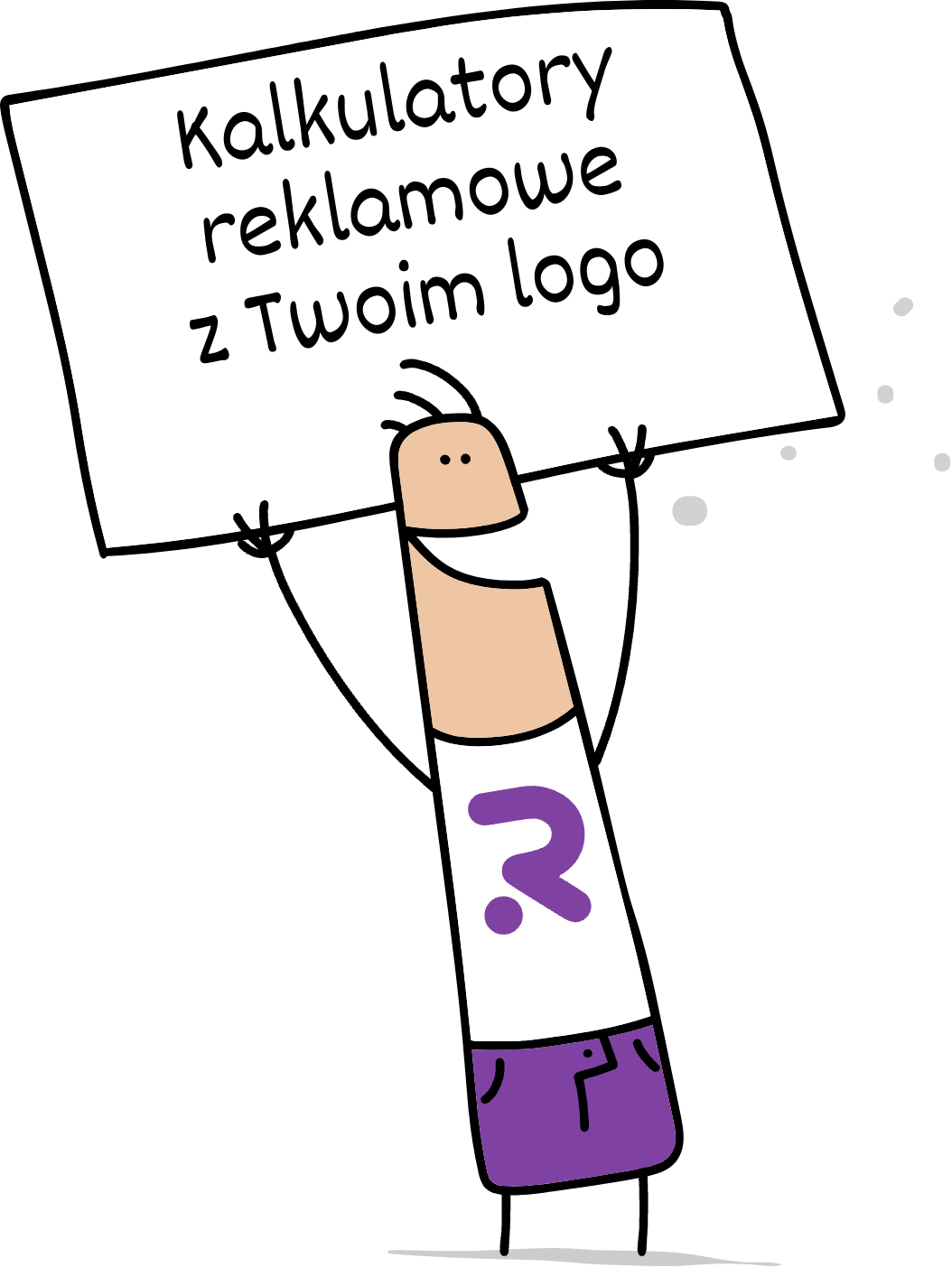 Buddy trzymający napis kalkulatory reklamowe z Twoim logo